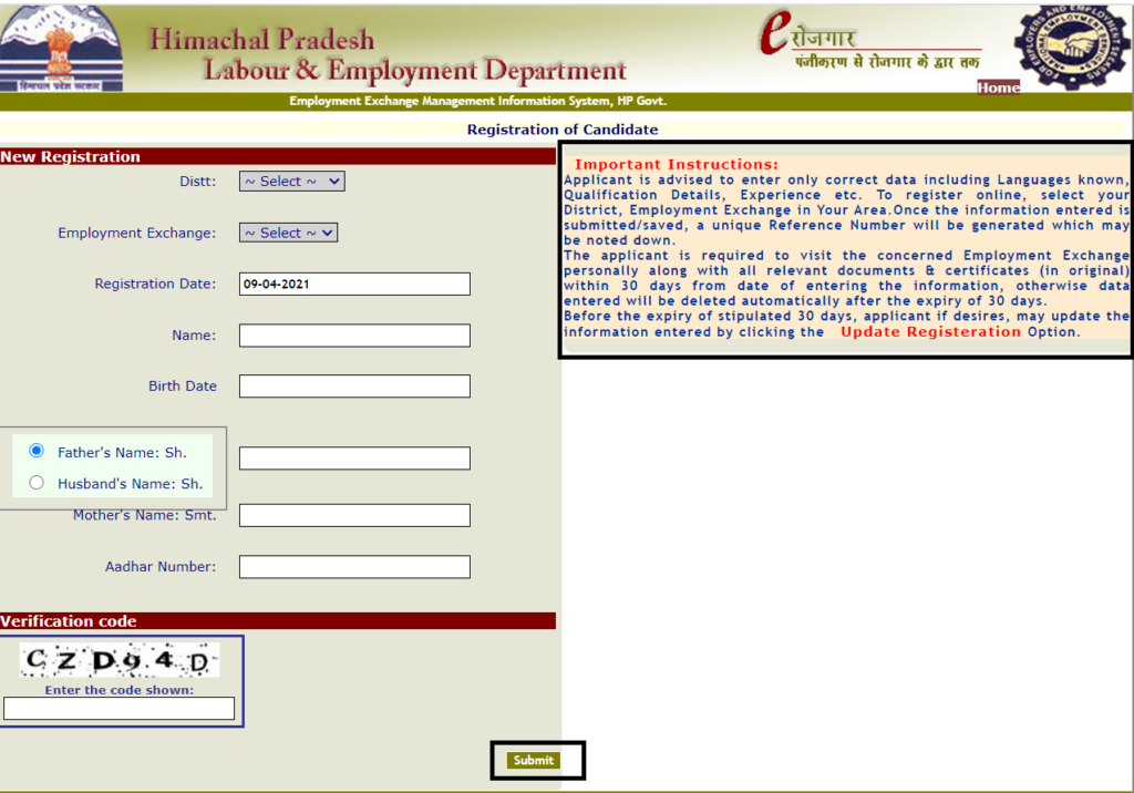 Himanchal Pradesh employment exchange registration form