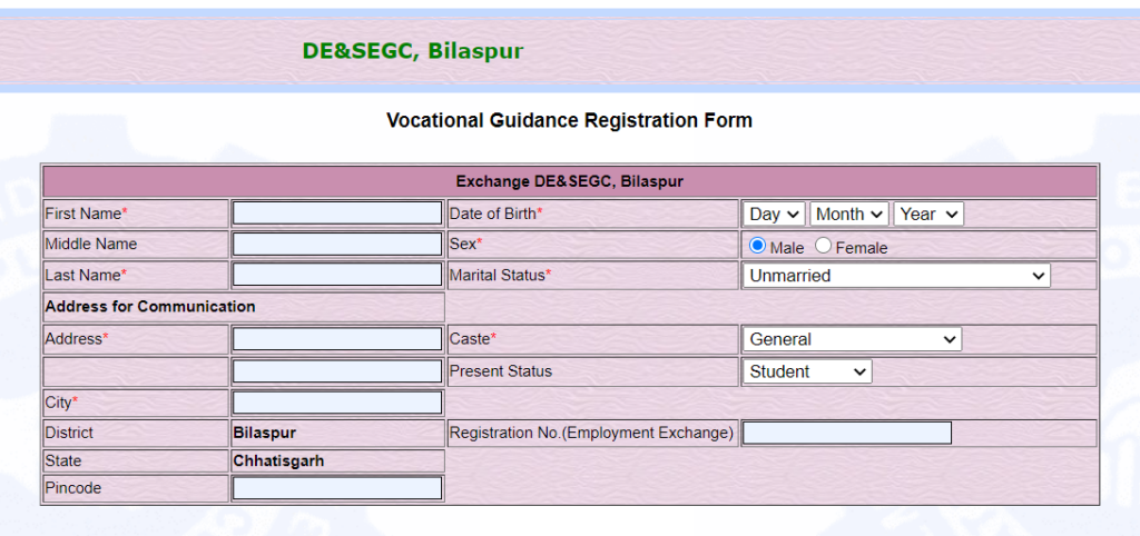 Chhattisgarh employment exchange registration form