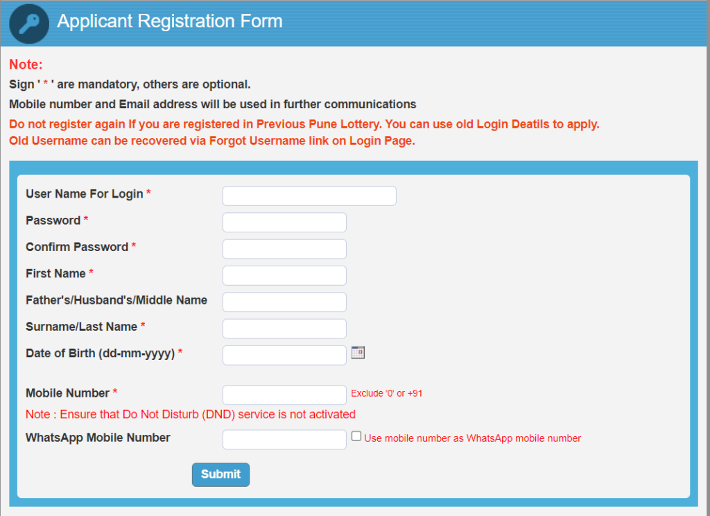 Registration Form MHADA Lottery