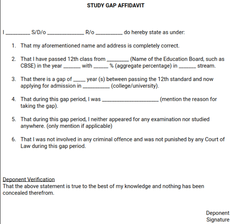 study gap affidavit