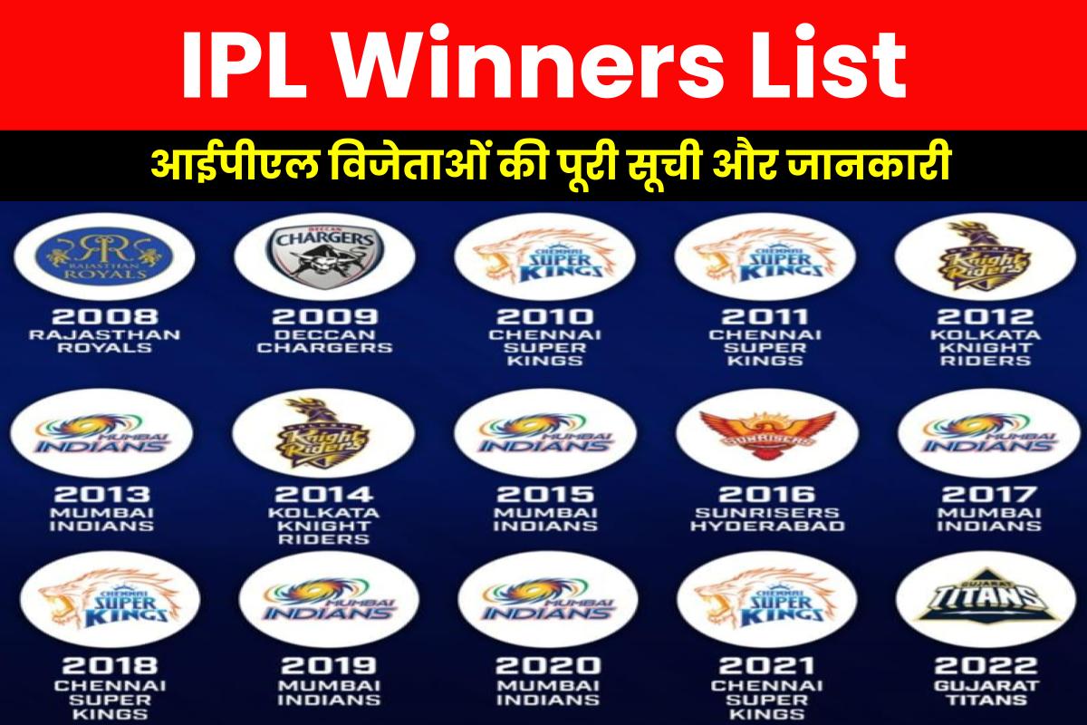 IPL Winners List 2023 आईपीएल विजेताओं की सूची 2008 से 2023 तक